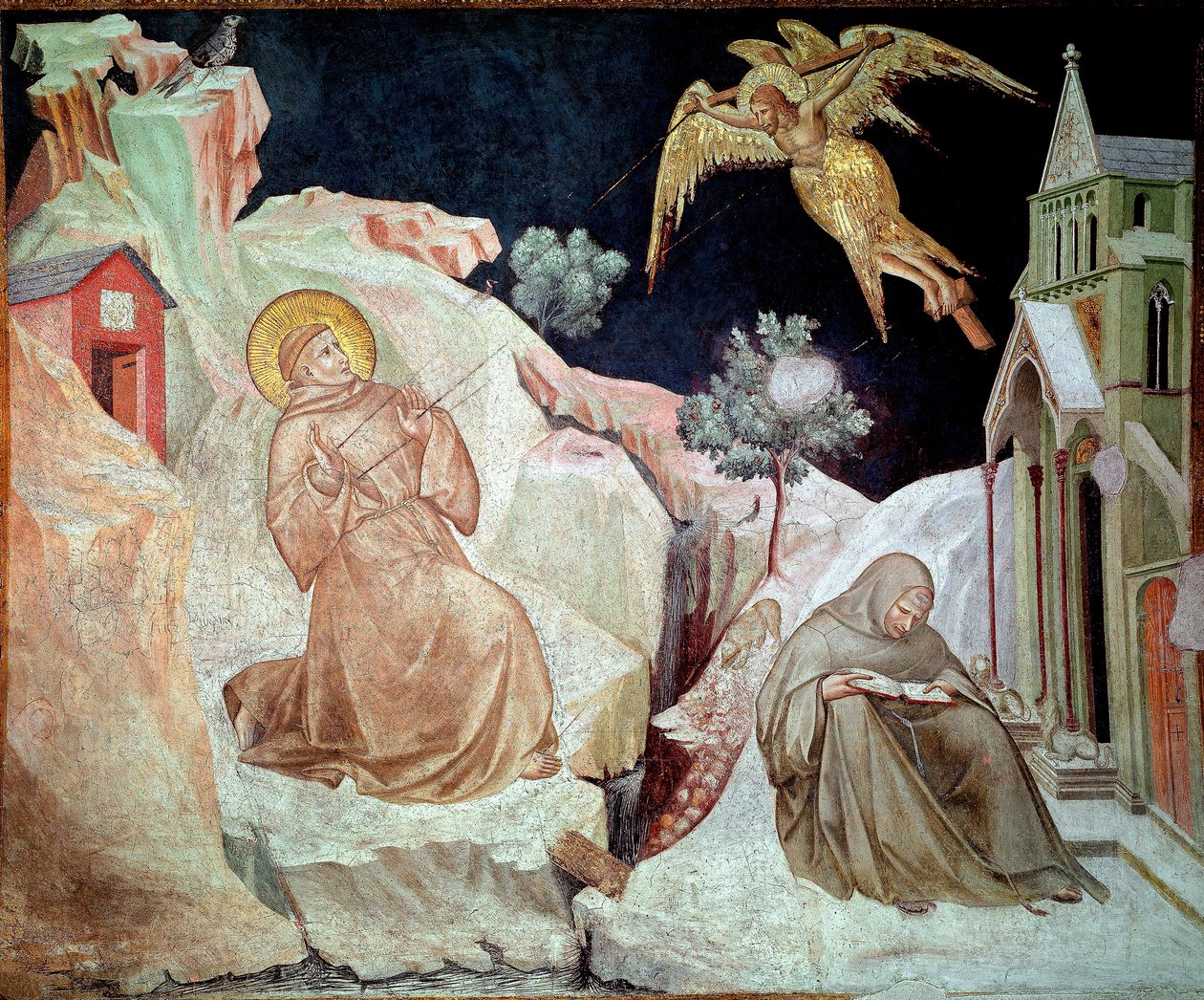 Pyhä Francois Assisilainen vastaanottamassa Pietro Lorenzettin (1280 / 1285-1348) stigmat freskon 1324-1325 Assisi, San Francescon basilika (Assisilaisen Pyhän Francois