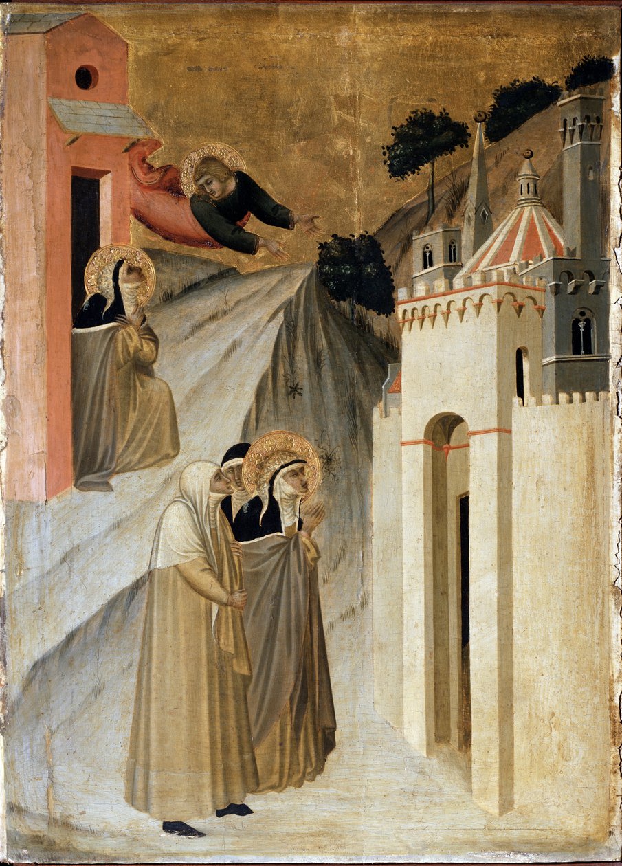Saint Humility saapuu Firenzeen (yksityiskohta Saint Humilityn polyptyykkielämästä) - Detrempe puulla tekijältä Pietro Lorenzetti