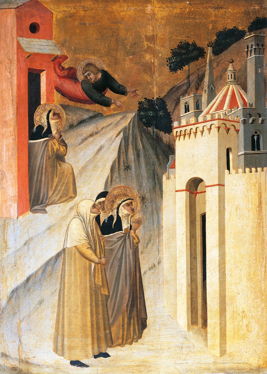 Pyhä Johannes käskee siunattua rakentamaan luostarin Firenzeen, Pietro Lorenzettin (n. 1280-1348) siunatun nöyryyden alttaritaululle laatta, puupaneeliin tempera ja kulta. tekijältä Pietro Lorenzetti
