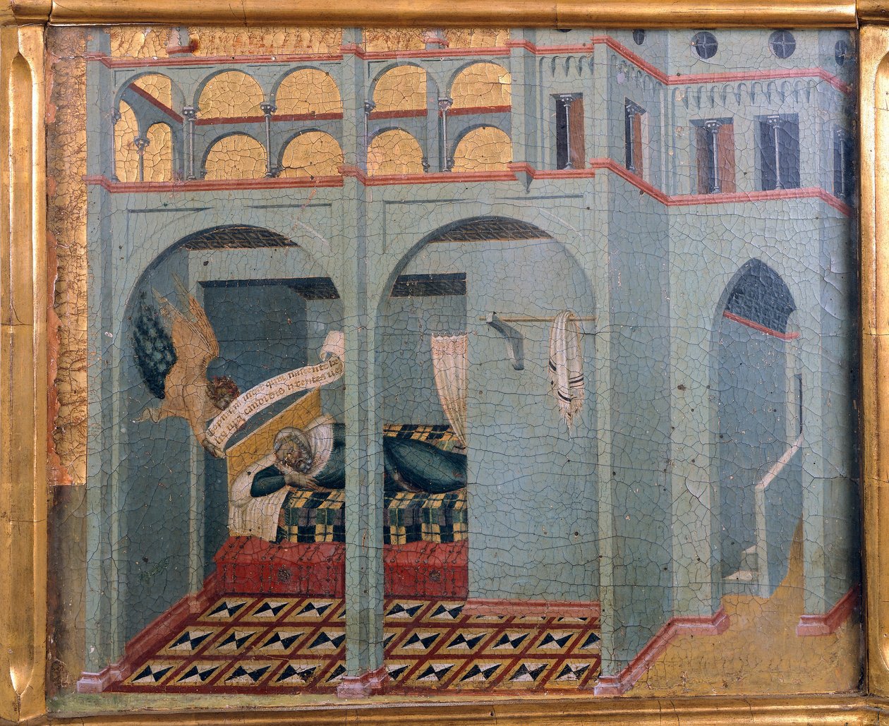 Sobac, Elian isän unelma, yksityiskohta Pietro Lorenzettin (noin 1280-noin 1348) Carmine-alttaritaulun predellasta, tempera ja kulta puulla tekijältä Pietro Lorenzetti