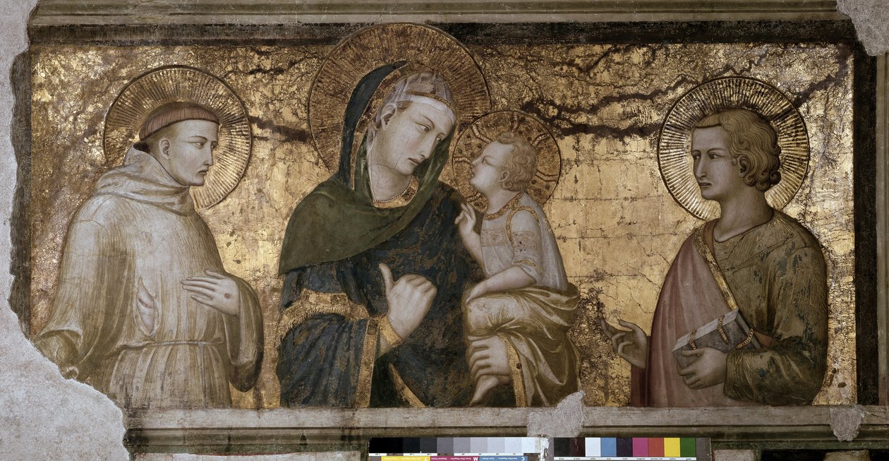 Neitsyt ja lapsi Pyhän Johanneksen ja Pyhän Francoisin välillä Pietro Lorenzettin (1280-1348) fresko Assisissa (Assisi), Alempi basilika, Orsini-kappeli. tekijältä Pietro Lorenzetti