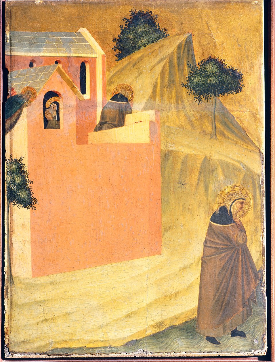 Siunattu pakenee luostarista ja ylittää Lamone-joen, Pietro Lorenzettin (n. 1280-1348) Siunatun Nöyryyden alttaritaulun laatta, tempera ja kulta puupaneelissa. tekijältä Pietro Lorenzetti