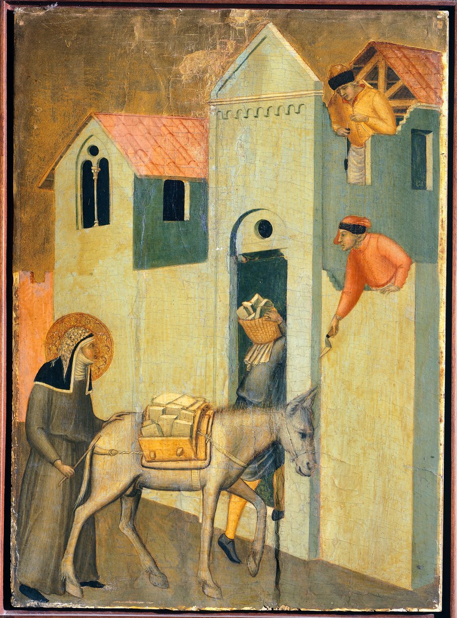 Siunattu lähtee kerjäämään materiaaleja luostarin rakentamiseen, Pietro Lorenzettin (n. 1280-1348) Blessed Humilityn alttaritaulun laattoja, temperaa ja kultaa puupaneelilla. tekijältä Pietro Lorenzetti