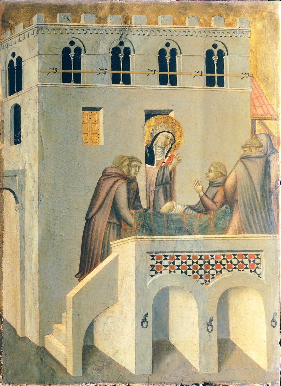 Siunattu parantaa Vallombrosan luostarin munkin jalkaa, Pietro Lorenzettin (n. 1280-1348) Siunatun Nöyryyden alttaritaulun laatta, tempera ja kulta puupaneelissa. tekijältä Pietro Lorenzetti