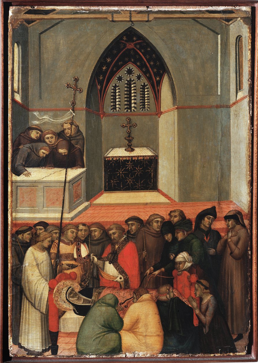 St Humilityn kaivettu ruumis on turmeltumaton (Pyhän Nöyryyden elämän polyptyykki) - Detrempe puulla 1300-luku tekijältä Pietro Lorenzetti