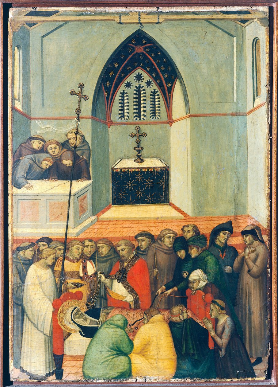 Siunatun ruumis löytyy ehjänä ja tuoreena, Pietro Lorenzettin (n. 1280-1348) Siunatun Nöyryyden alttaritaulussa oleva laatta, puupaneelissa tempera ja kulta. tekijältä Pietro Lorenzetti