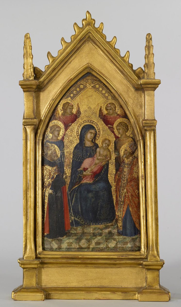 Neitsyt ja lapsi sekä pyhimykset Augustinus, Nikolaus, Katariina, Lucy ja enkelit, noin 1340-45 (tempera ja lehtikulta paneelille). tekijältä Pietro Lorenzetti