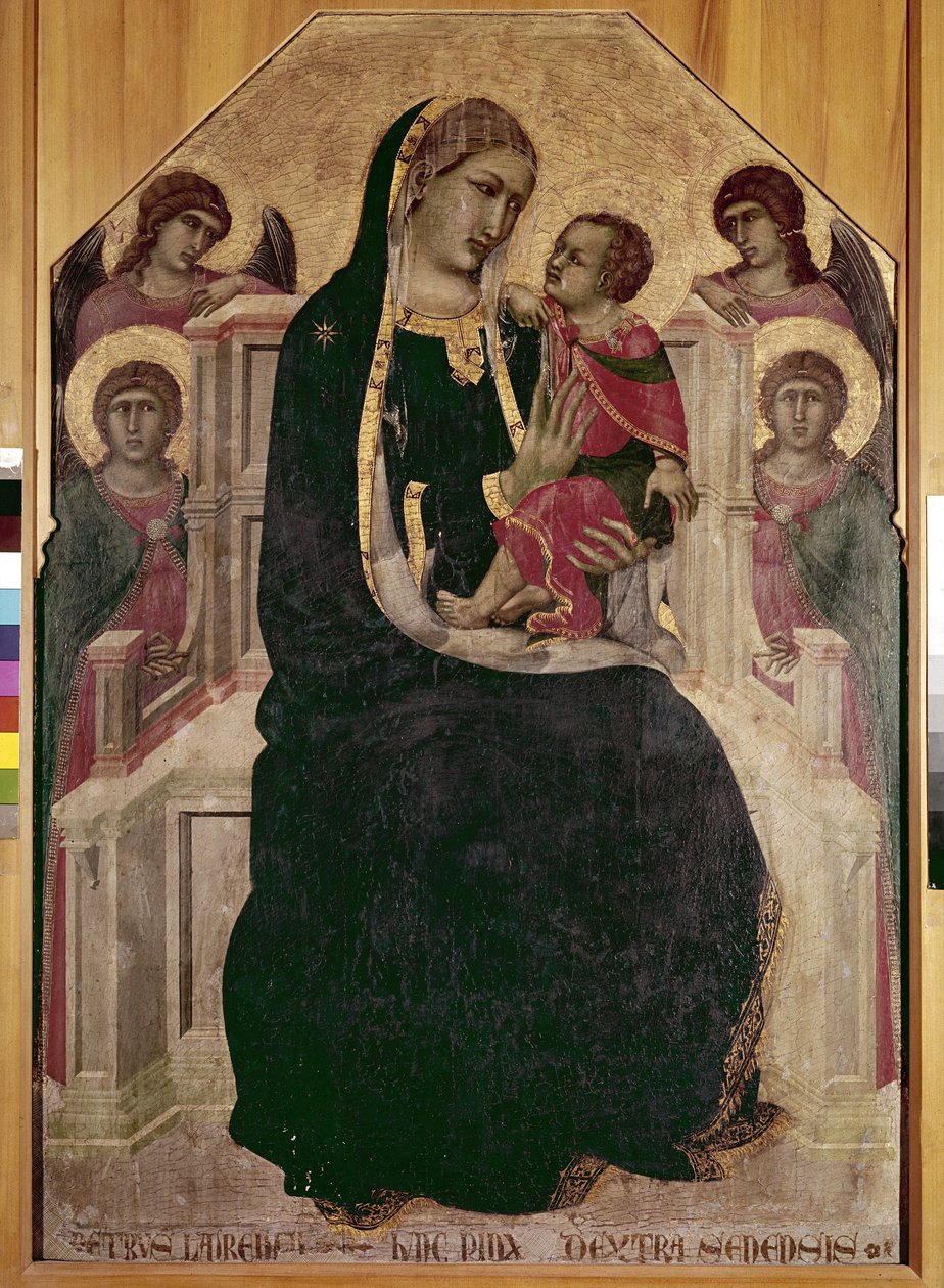 Neitsyt valtaistuimella Jeesuksen lapsen kanssa (Maesta di Cortona) (tempera ja kultainen lehti puussa tekijältä Pietro Lorenzetti