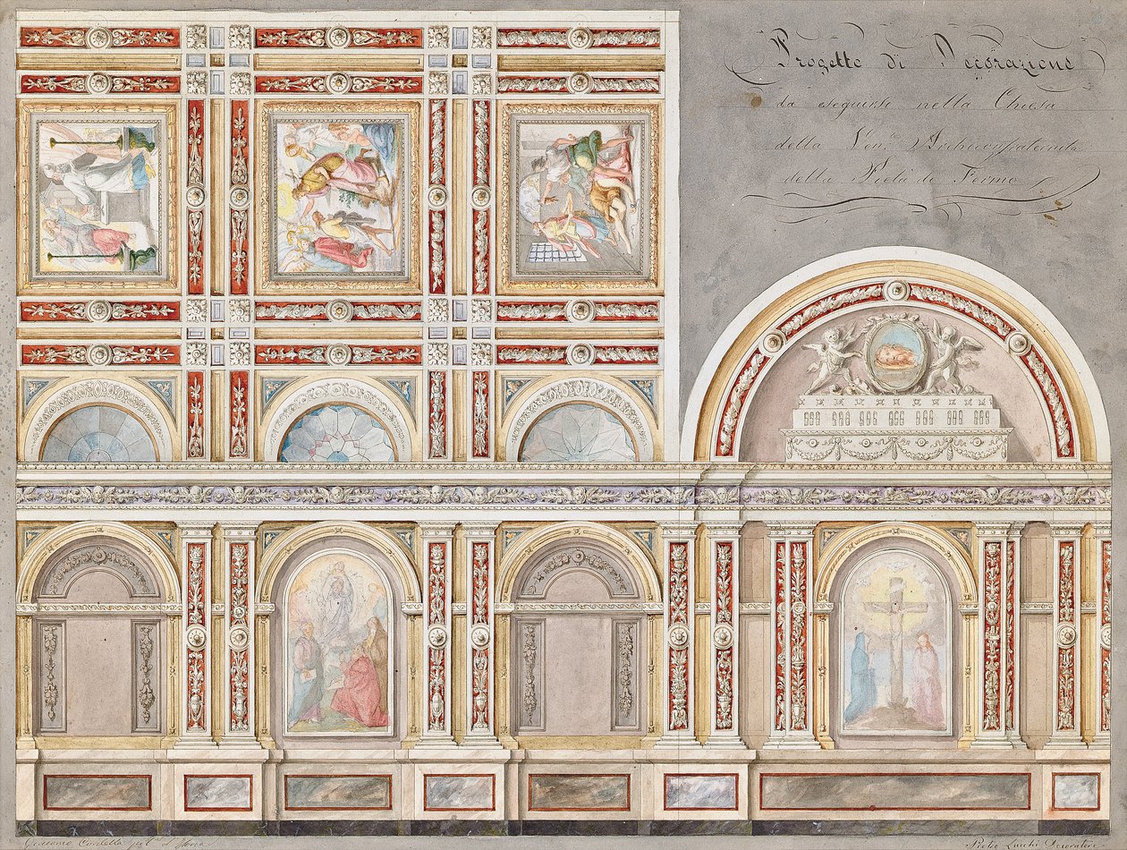 Tutkimus Giacomo Cordellan freskosta Chiesa della Pietan sisätiloissa, Fermo (lyijykynä, kynä ja ruskea muste & w/c paperille) tekijältä Pietro Lucchini