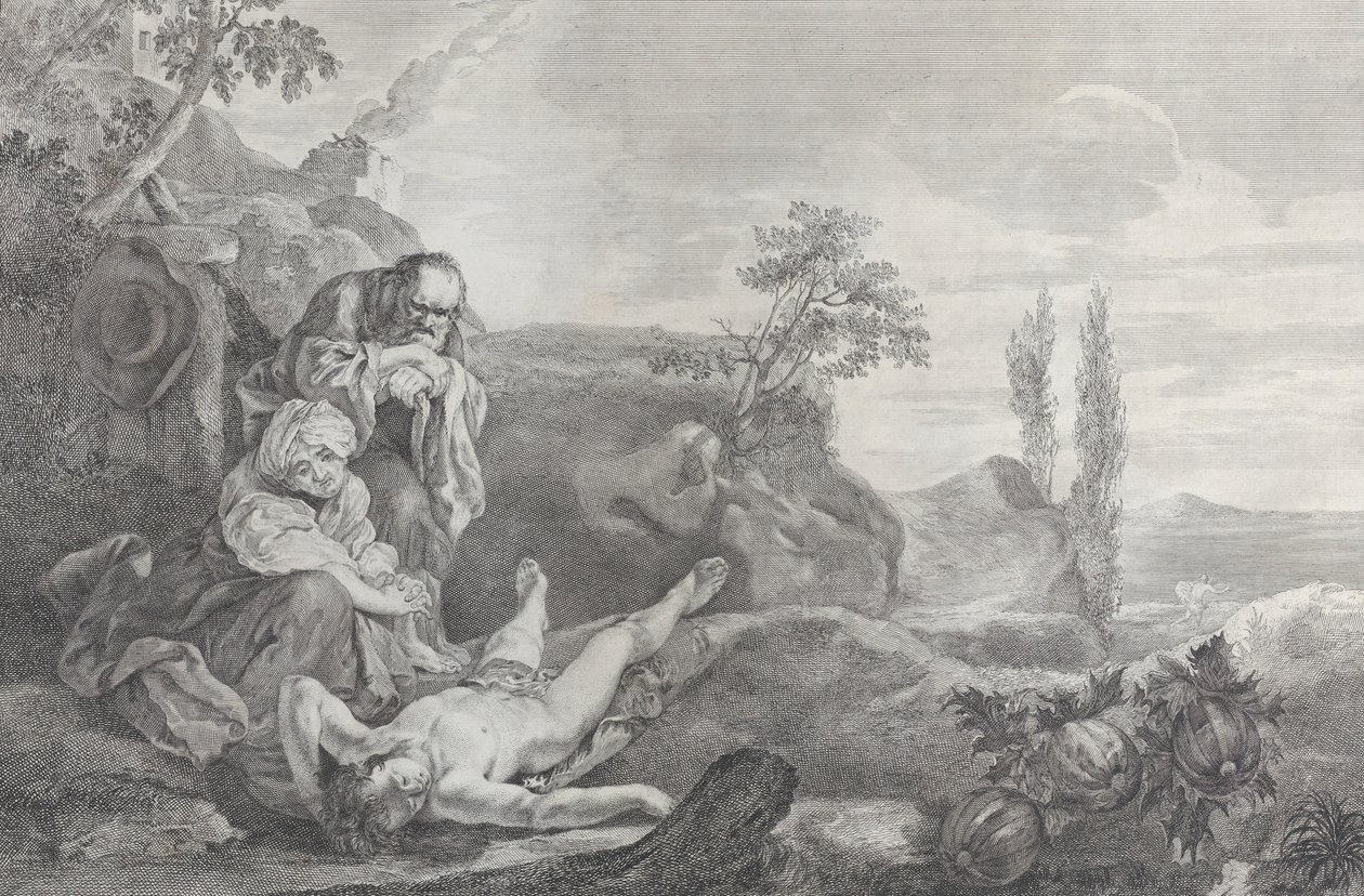 Aadam ja Eeva vasemmalla, iäkäs pariskunta, suremassa Abelin ruumista, joka makaa..., 1743-63. tekijältä Pietro Monaco