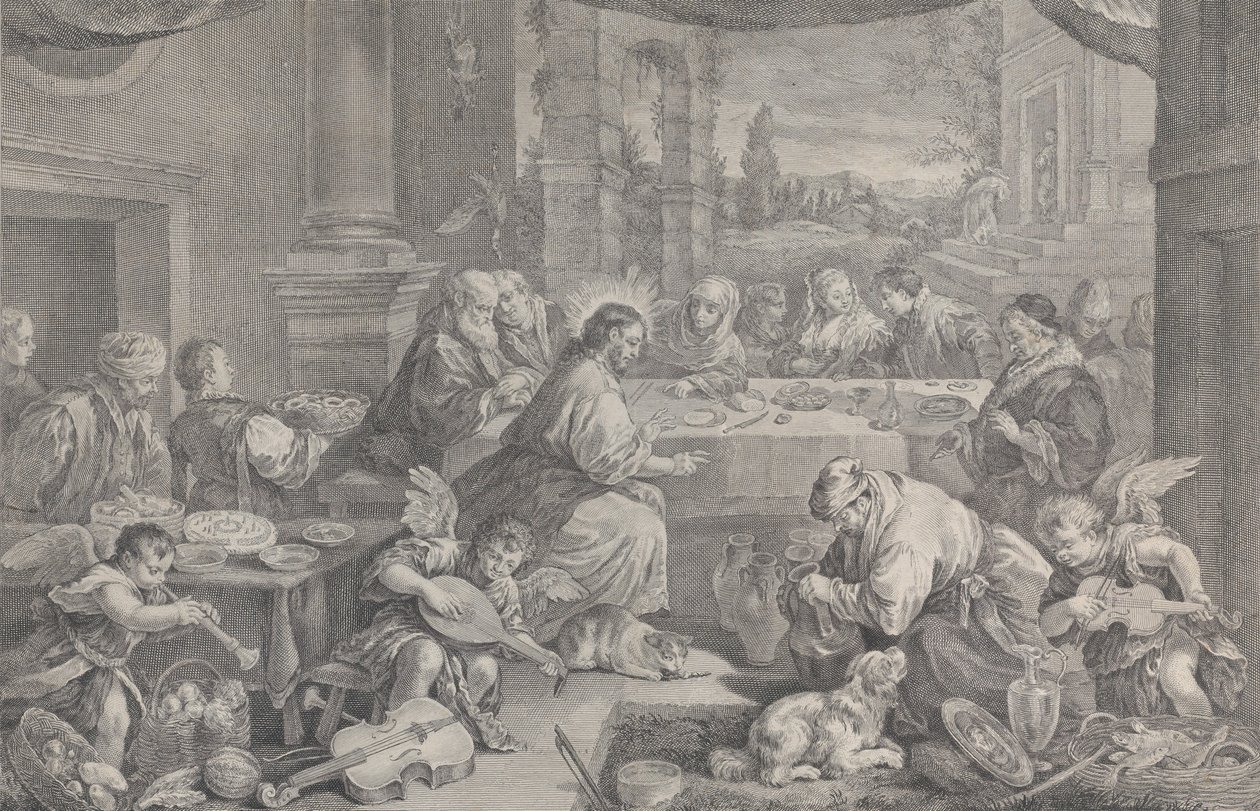 Kristus muuttaa veden viiniksi Kaanan häissä 1743-63. tekijältä Pietro Monaco