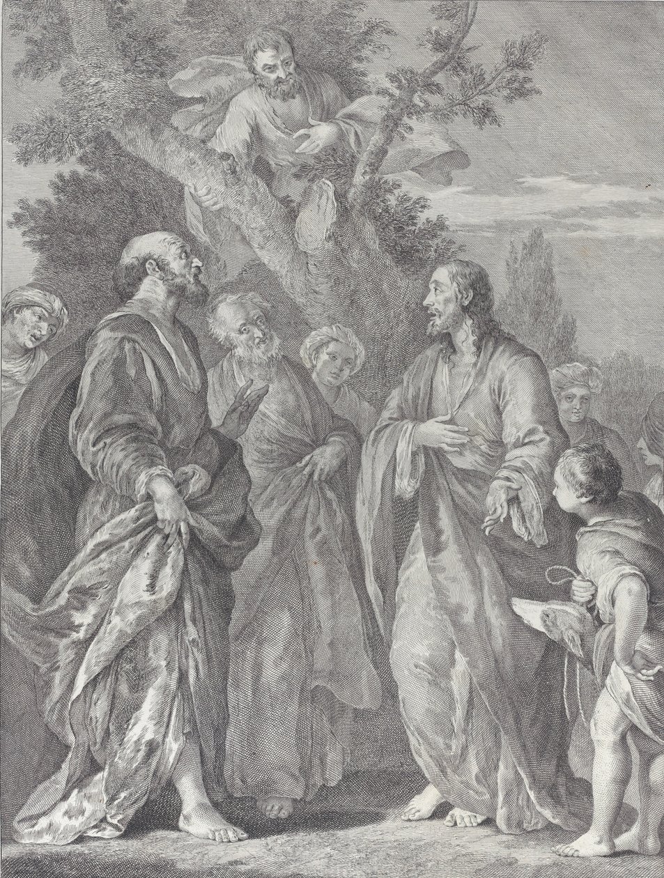 Sakkeuksen kääntymys, jossa Kristus oikealla puhuu publikaanille, joka istuu..., 1730-39. tekijältä Pietro Monaco