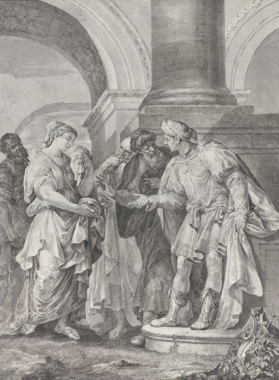 Daniel väittelee vanhimpien kanssa, kun Susanna seisoo vasemmalla, 1732-50. tekijältä Pietro Monaco