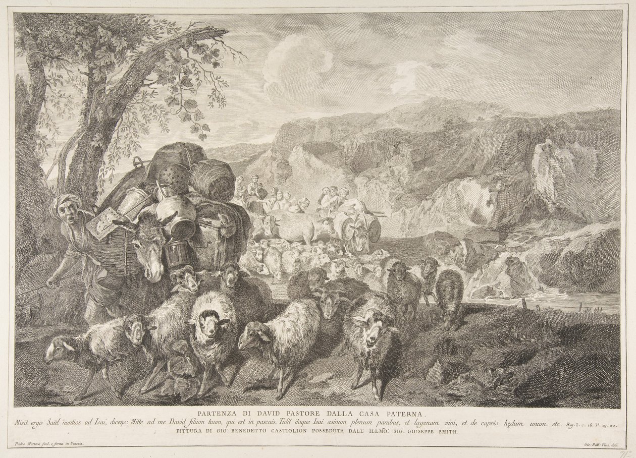 Paimen Davidin lähtö isänsä talosta Partenza di David pastore..., 1743-63. tekijältä Pietro Monaco