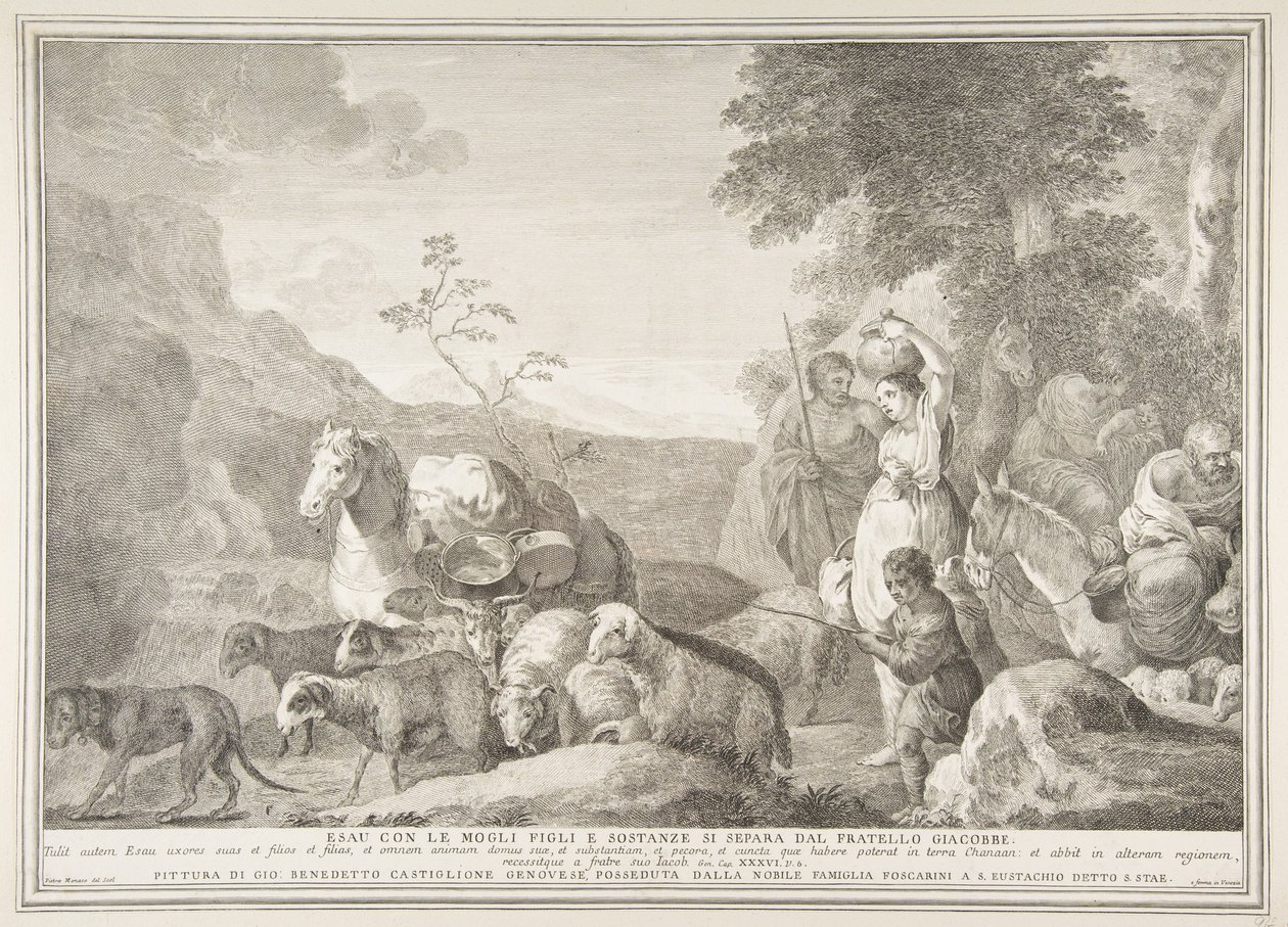 Esau ja hänen perheensä eroavat Jaakobista Esaun vaimoineen, poikineen ja aineineen sepa ..., 1743-63. tekijältä Pietro Monaco
