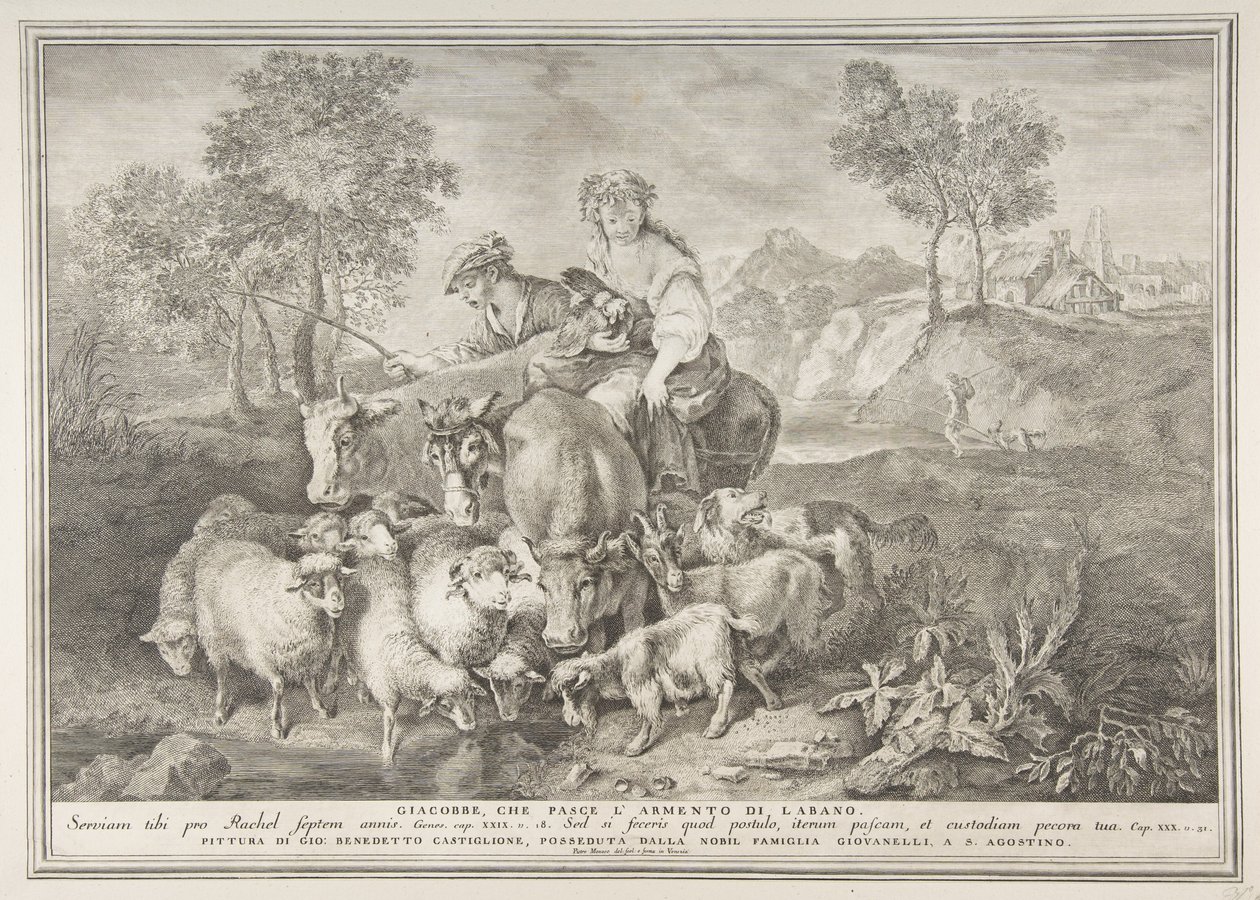 Jaakob paimen Labanin laumaa Jaakob ruokkii Labanin laumaa, 1743-63. tekijältä Pietro Monaco