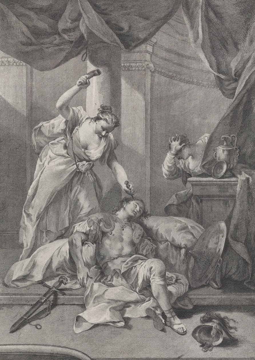 Jael lyö teltan tappia nukkuvan Siseran temppeliin, oikealla a se..., n. 1730-39. tekijältä Pietro Monaco