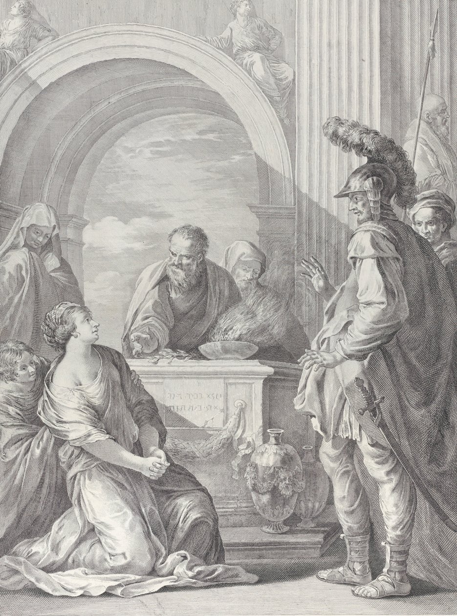 Jeftan tytär polvistumassa uhrialttarin luona, isänsä seisomassa oikealla..., 1730-50. tekijältä Pietro Monaco