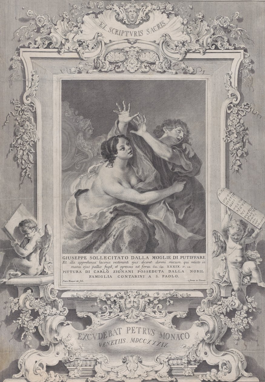 Joosefin ja Potifarin vaimo koristeellisessa kehyksessä, 1739. tekijältä Pietro Monaco