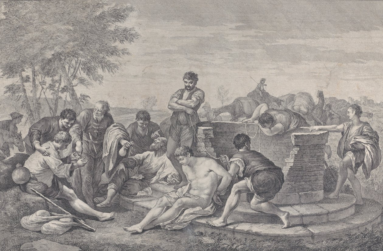 Hänen veljensä myyvät Joosefin orjuuteen, jotka istuvat kaivon ympärillä, jakaen n..., 1730-39. tekijältä Pietro Monaco