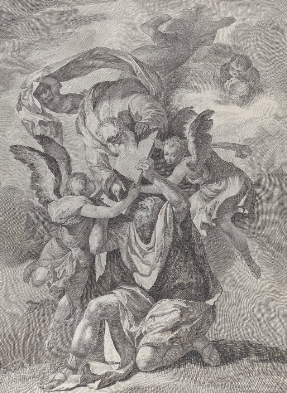 Mooses saa Lakitaulut Jumalalta, joka laskeutuu alas taivaasta..., n. 1730-39. tekijältä Pietro Monaco