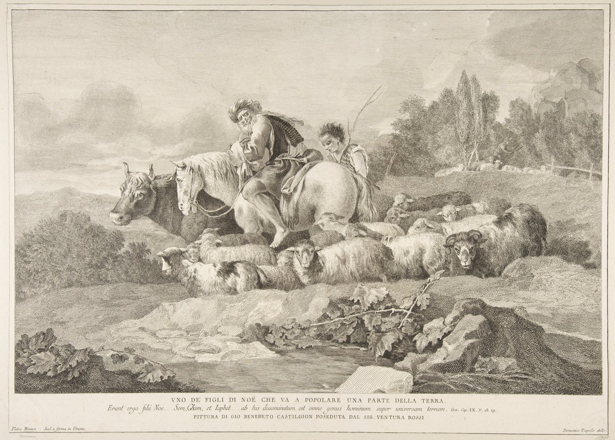 Yksi Nooan pojista, joka lähtee asuttamaan osaa maapallosta Uno de figli di Noè c..., 1743-63. tekijältä Pietro Monaco