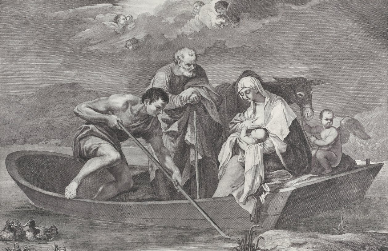 Lento Egyptiin, Pyhän perheen kanssa veneessä, 1730-50. tekijältä Pietro Monaco