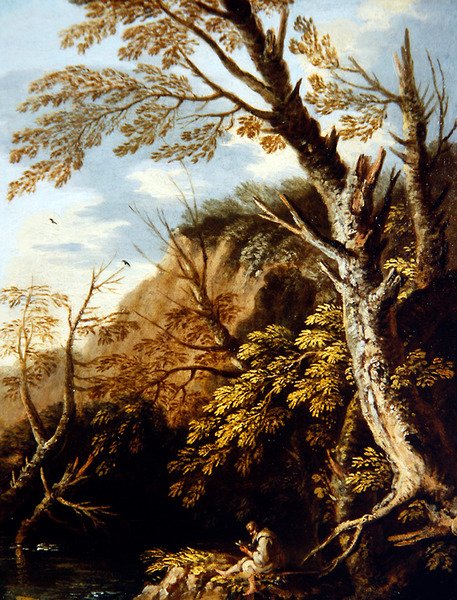Metsäinen maisema, jossa on erakko (öljy kankaalle) tekijältä Pietro Montanini