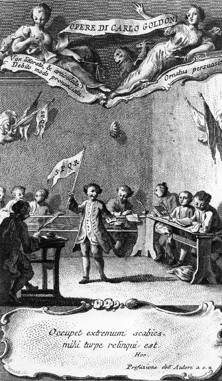 Carlo Goldoni heiluttaa lippua Perugian jesuiittakoulussa vietetyn vuoden kunniaksi "Opere di Carlo Goldonista", jonka kaiverrus Antonio Baratti, 1761 tekijältä Pietro Novelli