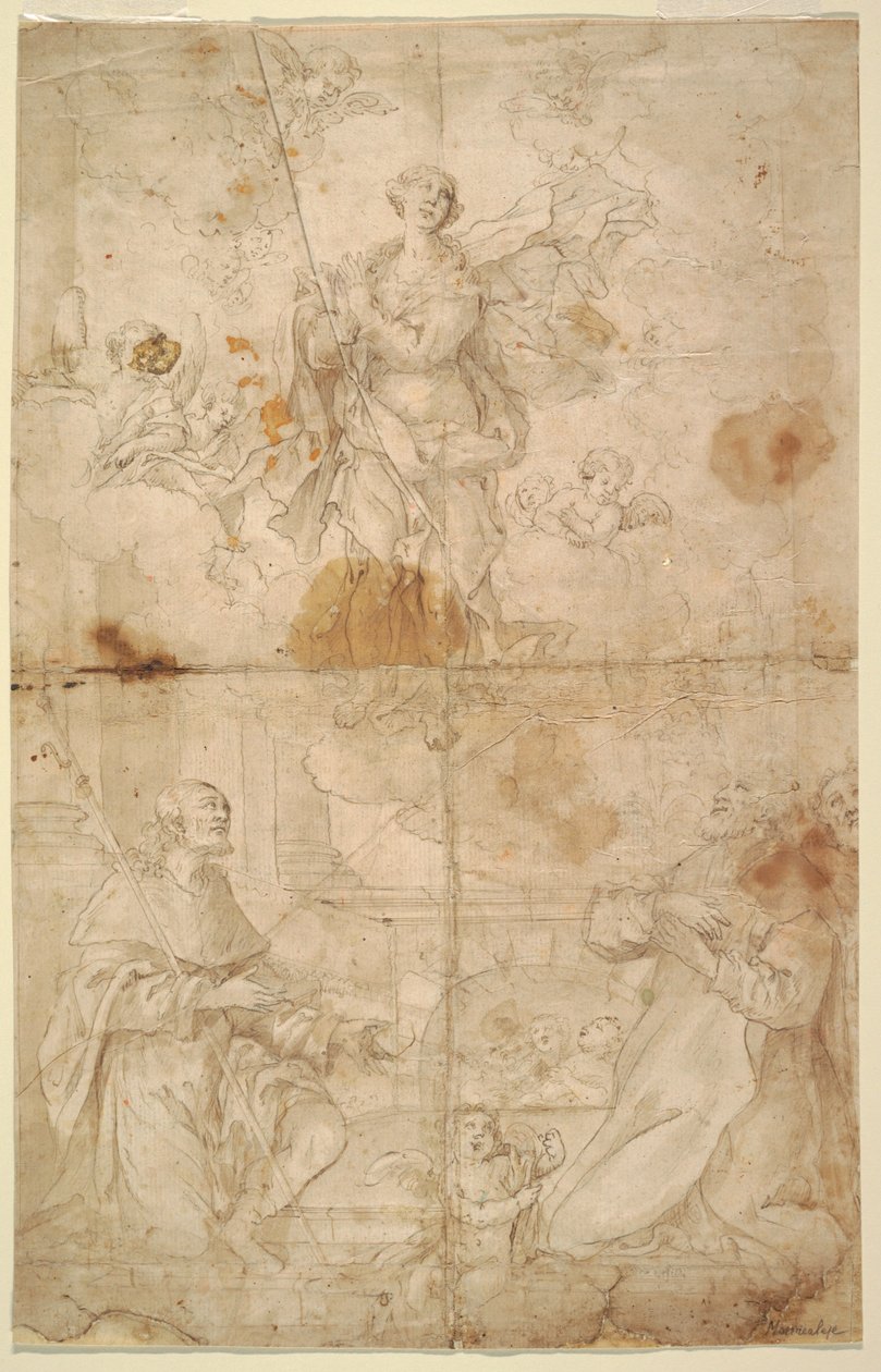 Piirros, Neitsyt Marian taivaaseenastuminen, n. 1630-40. tekijältä Pietro Novelli