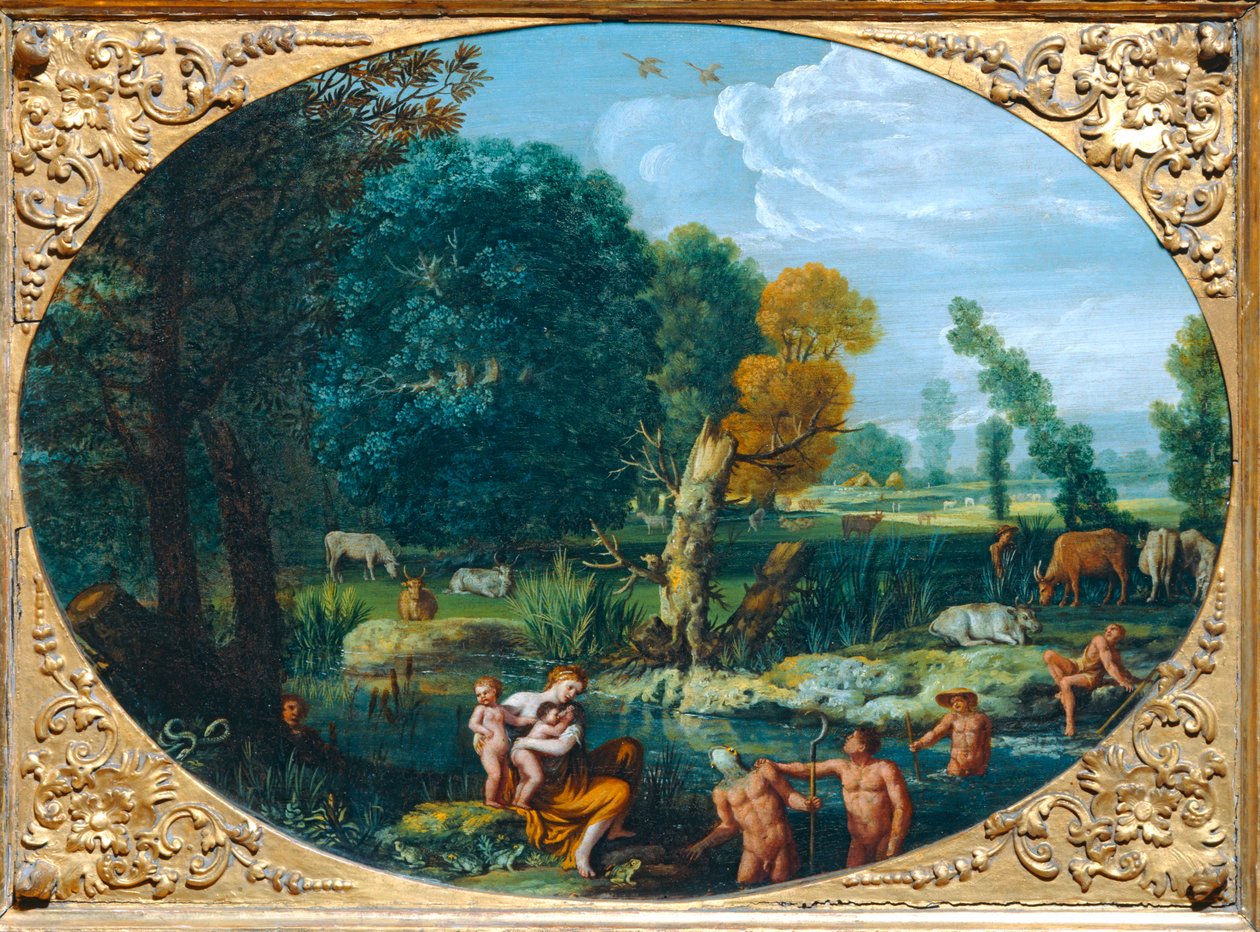 Latone metamorphosant les paysans de Lycie en grenouilles - Latone muuttaa Lykian maanviljelijät sammakoiksi ... tekijältä Pietro Paolo Bonzi