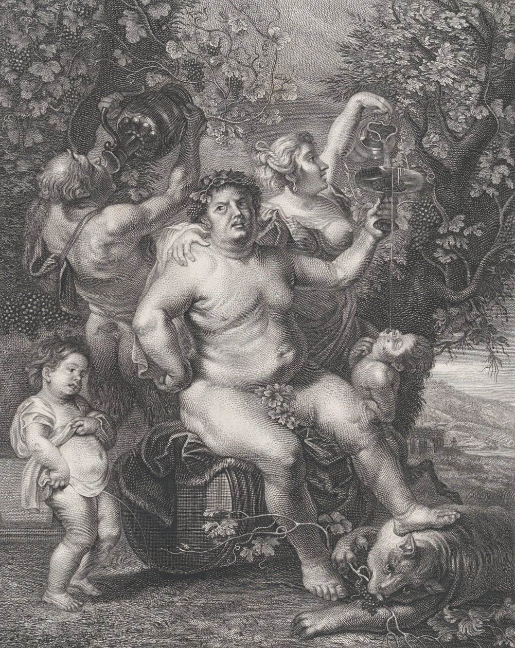 Bacchus istuu tynnyrillä viiniköynnösten edessä, bakhantien, satyyrien ja lasten kanssa..., 1758. tekijältä Pietro Peiroleri