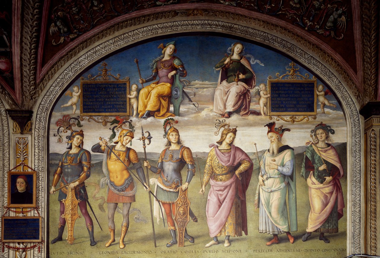 Allegoriat lujuudesta ja raittiudesta kuuden antiikkisankarin kanssa tekijältä Pietro Perugino