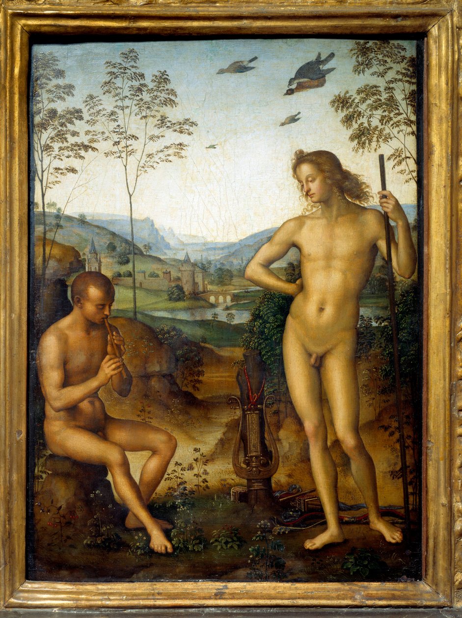 Apollo ja Marsyas "" Marsyas soittaa huilua Apollon, Lyyran kuninkaan edessä, haasteella. Pietro Vannuccin maalaus Peruginosta (1450-1523) Sun. 0,39 x 0,29 m tekijältä Pietro Perugino