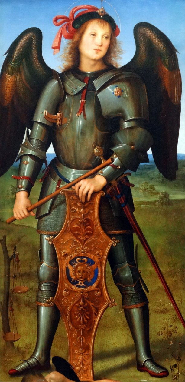 Yksityiskohta maalauksesta "Neitsyt ja lapsi enkelin kanssa, arkkienkeli Rafael Tobiaksen kanssa ja arkkienkeli Mikael" tekijältä Pietro Perugino