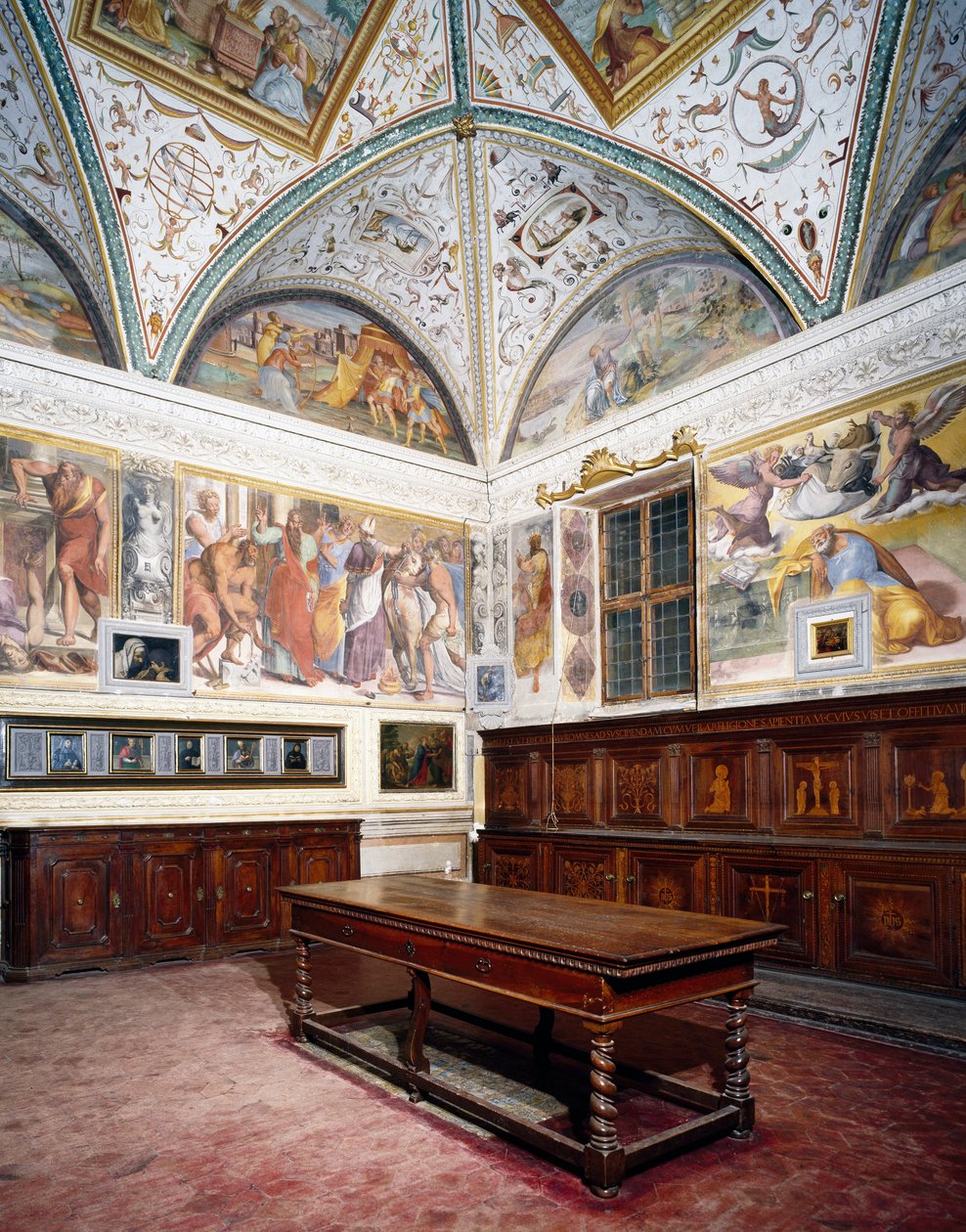 Vilaus sakristista Perugino-paneeleilla, Pyhän Pietarin basilika, Perugia, Umbria, Italia tekijältä Pietro Perugino