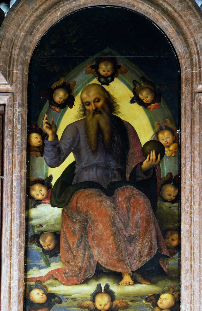 Isä Jumalan siunaus, yksityiskohta Pavian Certosan polyptyykistä tekijältä Pietro Perugino