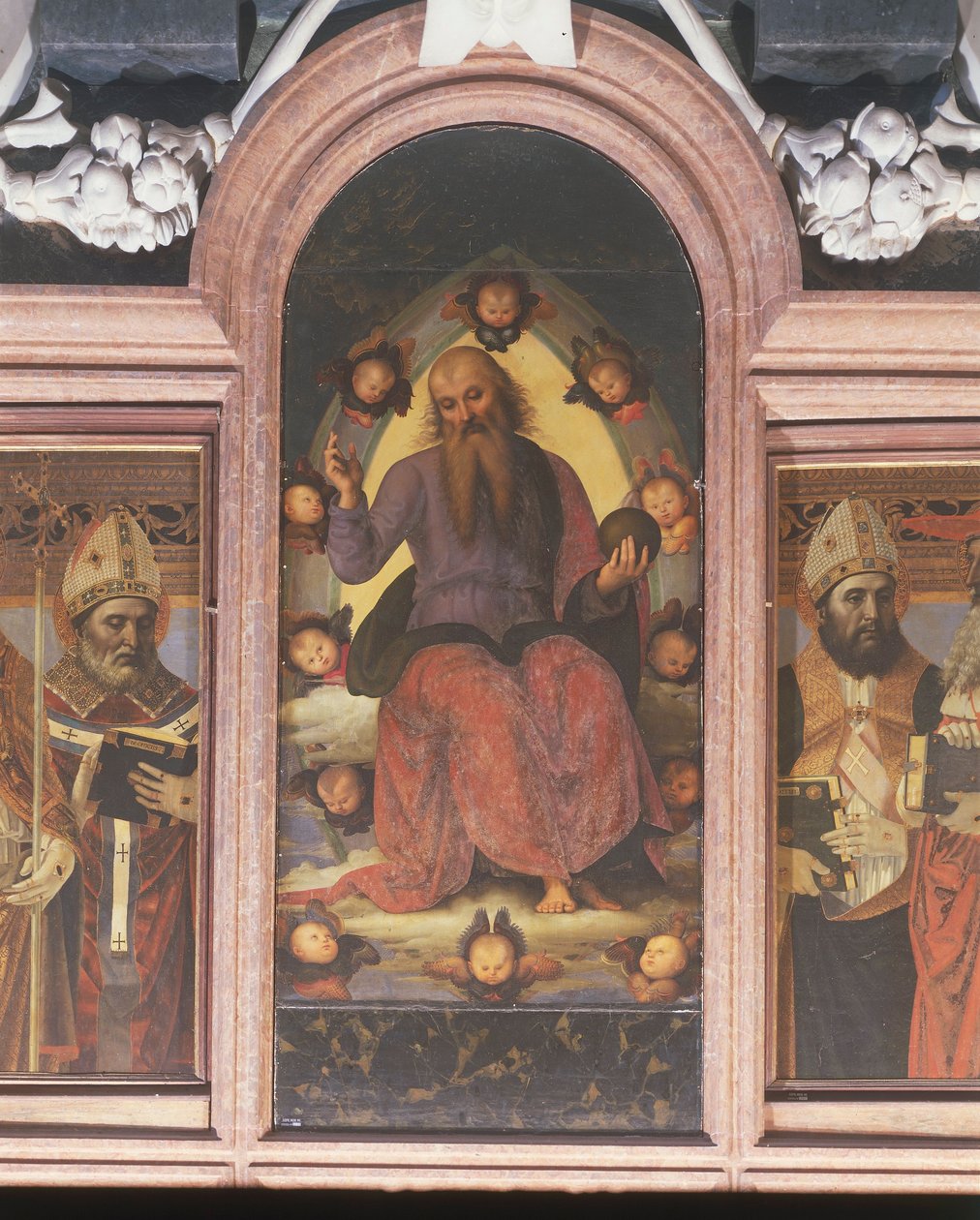 Italia, Lombardia, Pavia Charterhouse (Certosa), toinen kappeli vasemmalla, Pietro Vannuccin tai Peruginon polyptyykki Benedictory Eternal Fatherin kanssa tekijältä Pietro Perugino