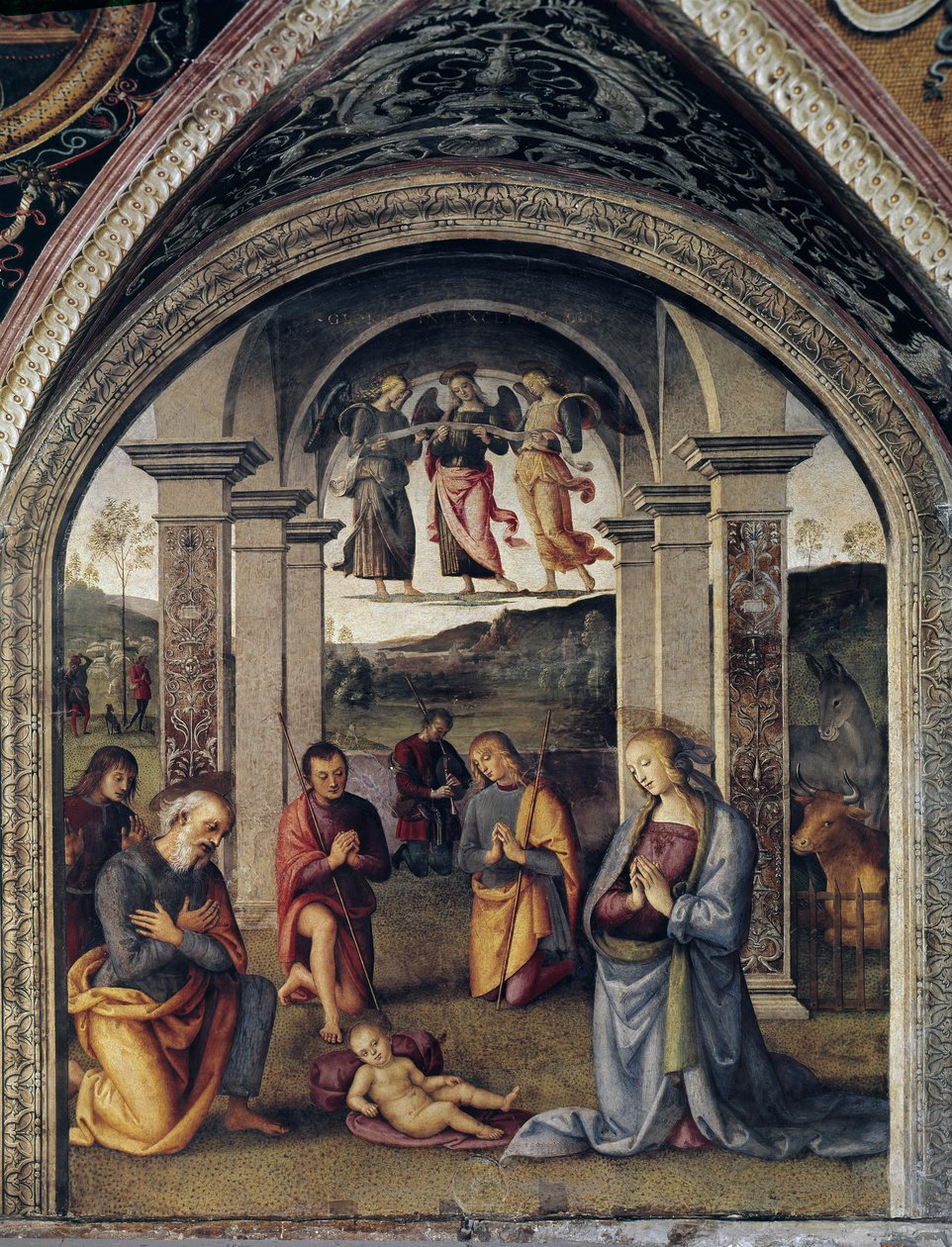 La nativite (syntymä) fresko Pietro Vannucci dit il Perugino (Perugin) (1448-1523) 1498 Koko 264x225 cm Perugia Collegio del Cambio tekijältä Pietro Perugino