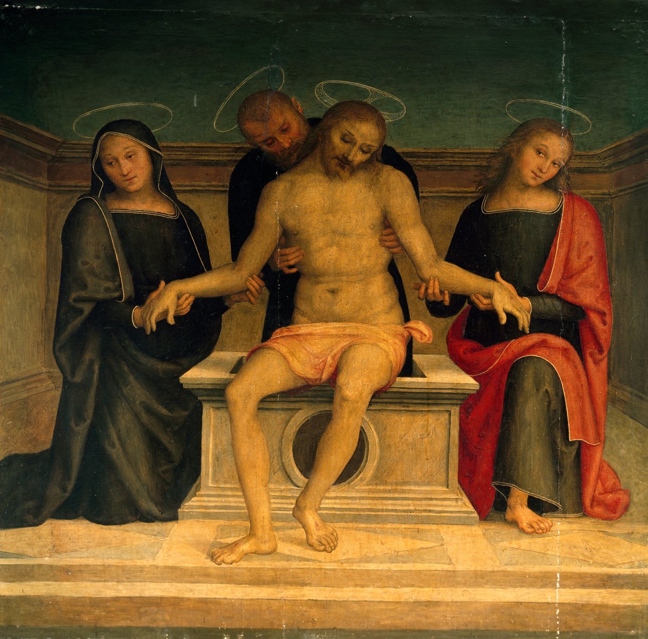 Valitus kuolleesta Kristuksesta, Peruginon (n. 1450-1523), fresko, Pyhän Pietarin basilika, Perugia, Umbria. Italia tekijältä Pietro Perugino