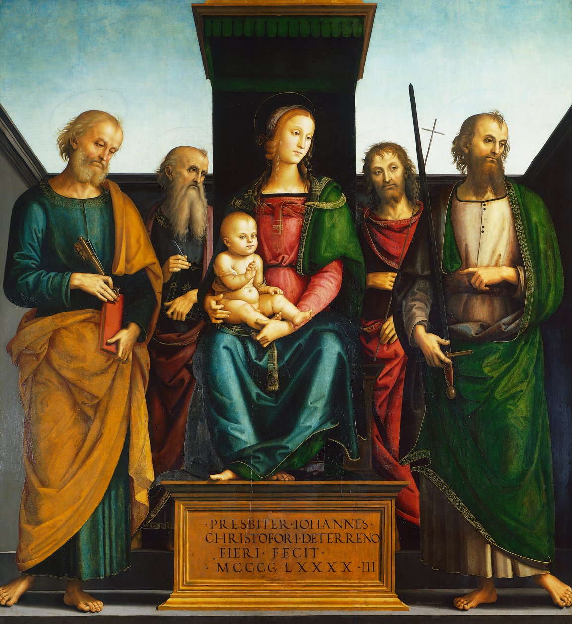 Madonna ja lapsi valtaistuimella pyhien Johannes Kastajan, Pietarin, Paavalin ja Johannes Evankelistan kanssa, Pietro Peruginon (noin 1450-1523) tekijältä Pietro Perugino