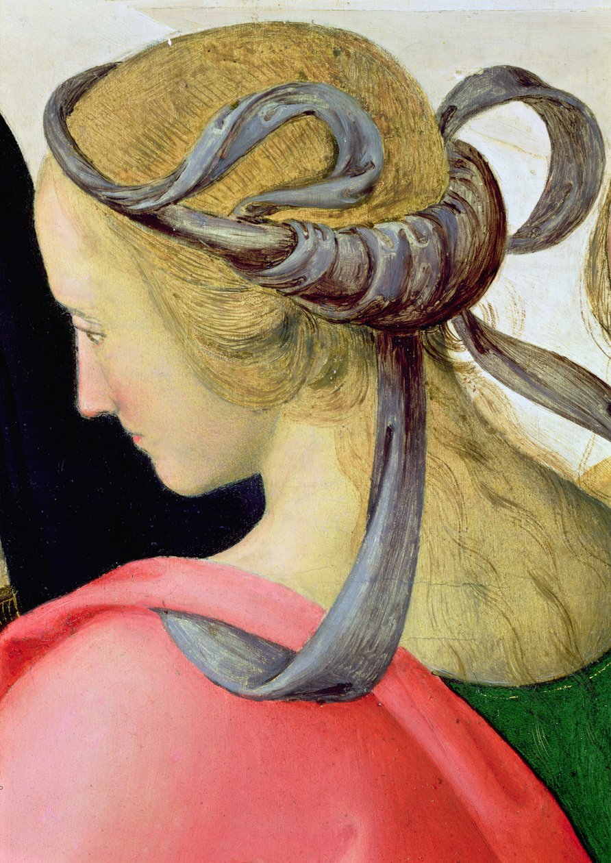 Neitsyen avioliitto, yksityiskohta, jossa näkyy yksi neitsyen kumppaneista, 1500-04 öljy kankaalle yksityiskohta 53750:stä tekijältä Pietro Perugino
