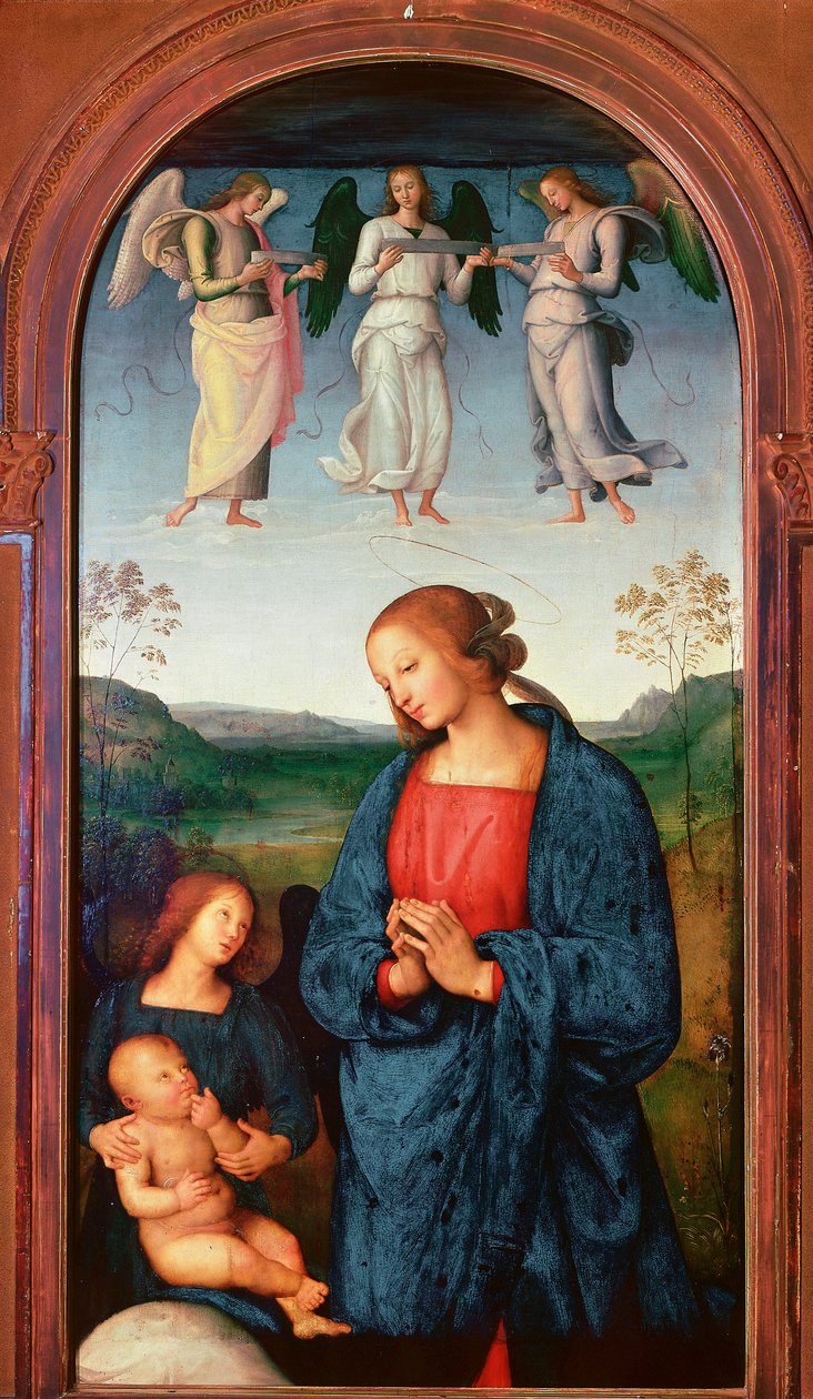 Pavian Chartreusen polyyptiikka: ""Madonnalla on lapsi ja kolme enkeliä"" Pietro Vannucci dit il Peruginon maalaus (Perugin) tekijältä Pietro Perugino