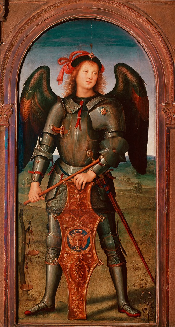 Polyptic of the Chartreuse of Pavia: "" Arkkienkeli Mikael"" Pietro Vannucci dit il Peruginon maalaus (Perugin tekijältä Pietro Perugino