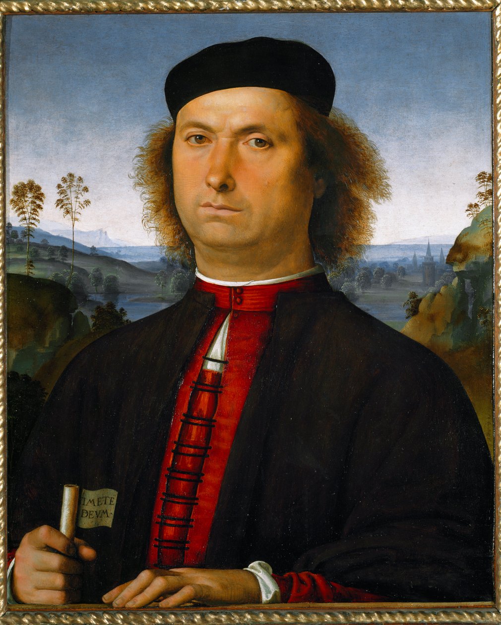 Francesco delle Opereren muotokuva. Hän pitää kädessään kirjakääröä, jossa on sana "Timete deum" (Pelkää Jumalaa) tekijältä Pietro Perugino