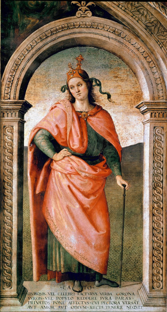 Kuvaus Caton Sensuuri (234-149 eKr.), roomalainen poliitikko Fresco Pietro Vannucci dit il Peruginon (Perugin) (1445 / 1450-1523) 1497 noin. Su. 214x123 cm Perugia (Perugia), Collegio del Cambio tekijältä Pietro Perugino
