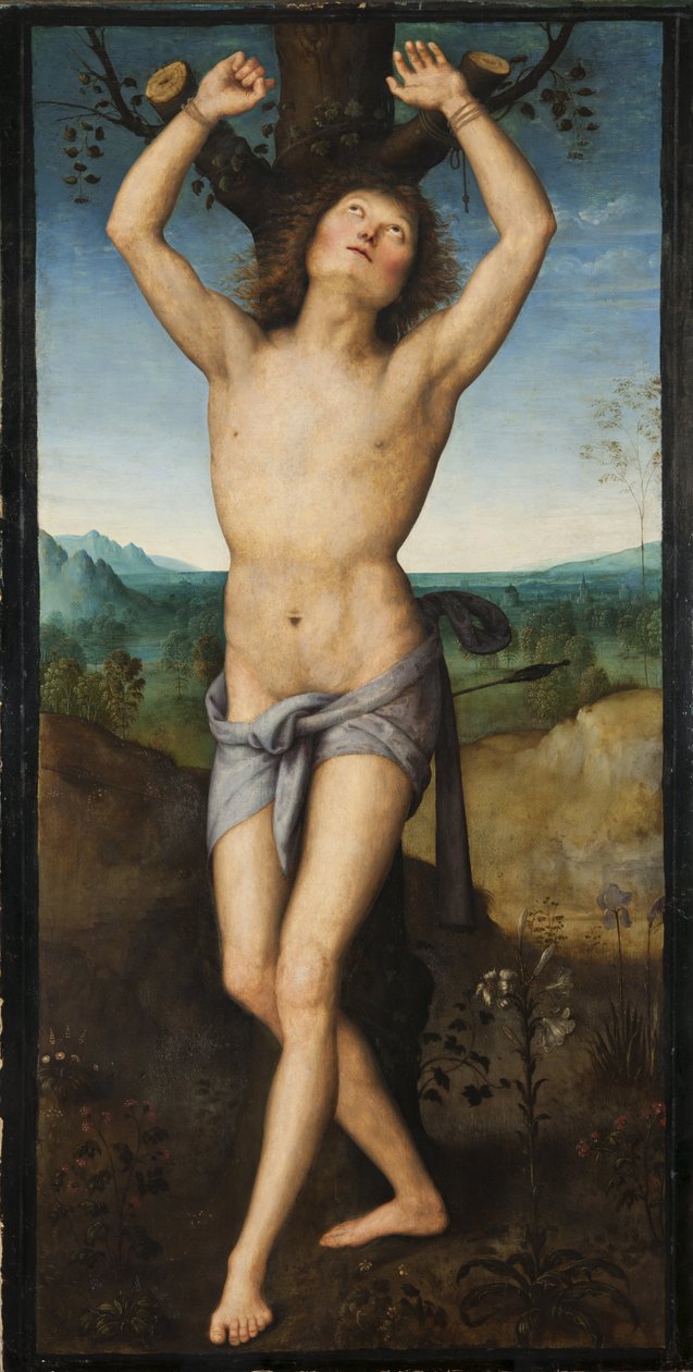 Saint Sebastien - Saint Sebastian, kirjoittanut Perugino (noin 1450-1523). Öljy puulle. Mitat: 174x88 cm. Tukholman kansallismuseo tekijältä Pietro Perugino