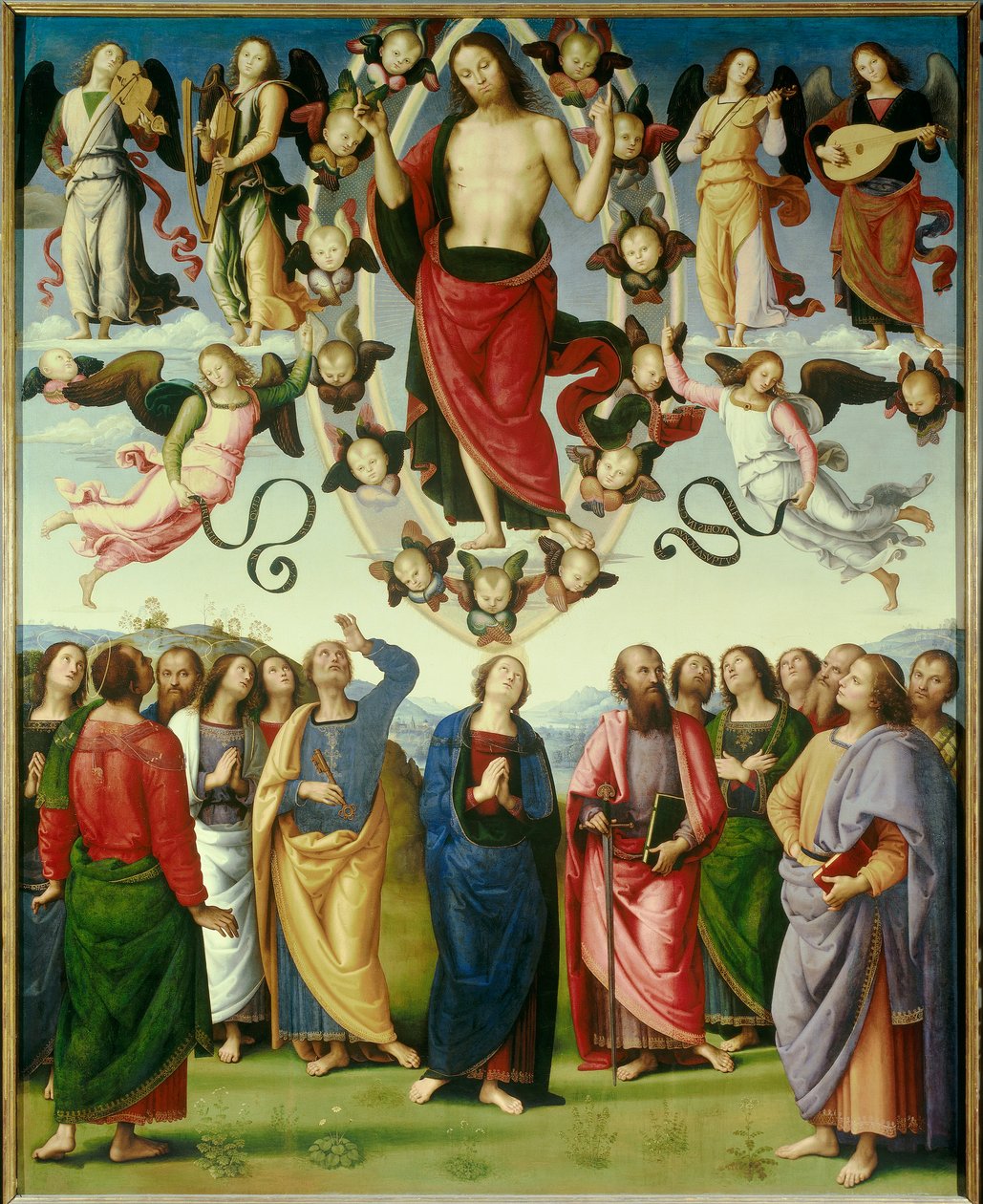Pietro Vannucci dit Il Peruginon (Perugin) maalaus Kristuksen taivaaseenastuminen (1450-1523) 1496 su. 3,25x2,65 m Lyon, Kuvataidemuseo - Kristuksen taivaaseenastuminen. Pietro Vannuccin maalaus Il Perugino (1450-1523) tekijältä Pietro Perugino