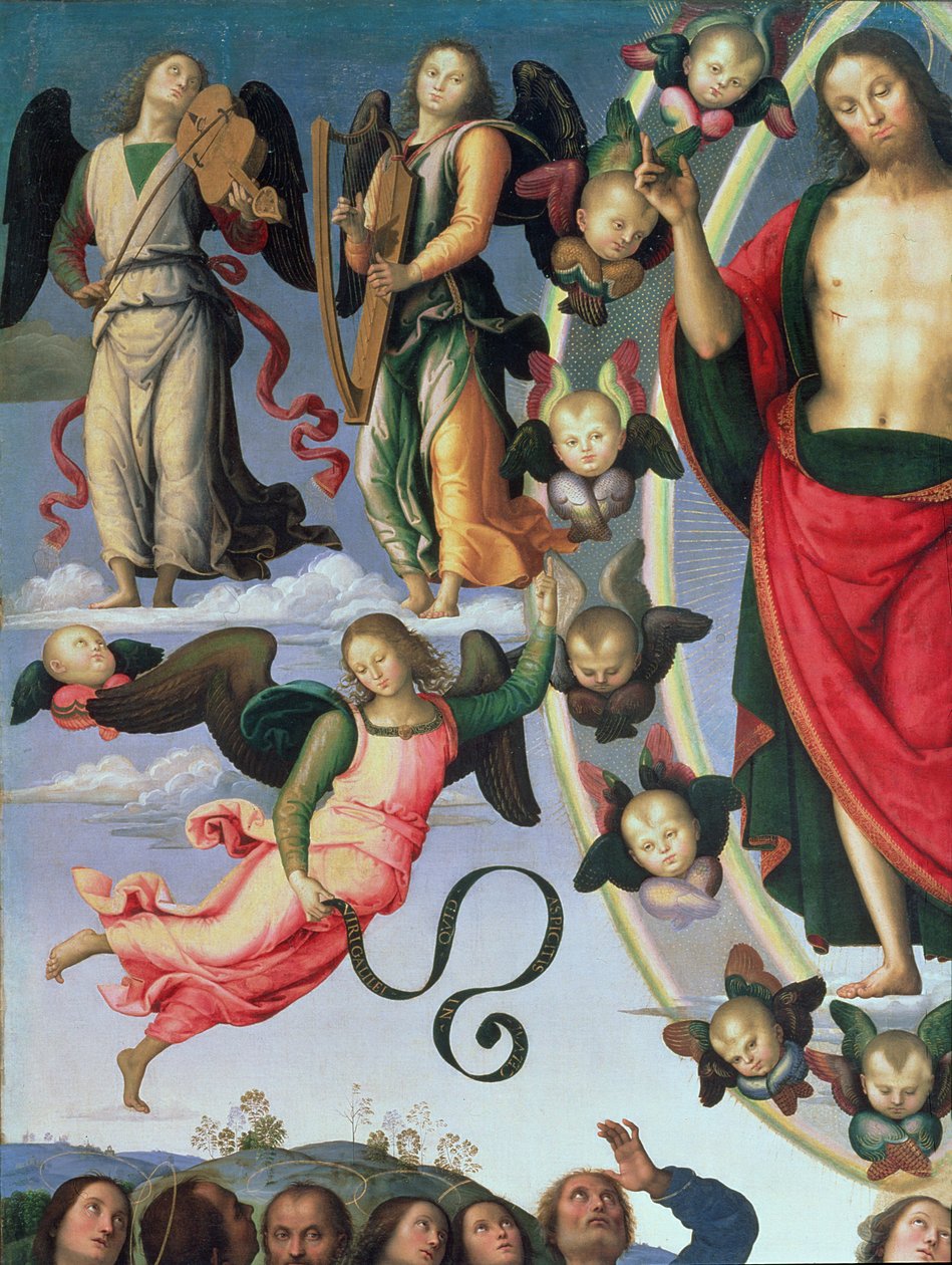 Kristuksen taivaaseenastuminen, yksityiskohta Kristuksesta ja muusikkoenkeleistä, oikeassa yläosassa, 1495-98 öljy paneelille yksityiskohta 89700:sta tekijältä Pietro Perugino