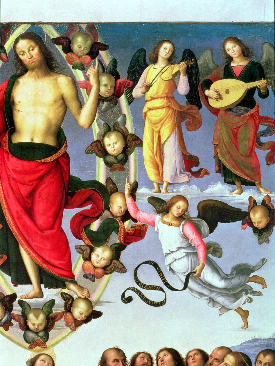 Kristuksen taivaaseenastuminen, yksityiskohta Kristuksesta ja muusikkoenkeleistä, oikeassa yläosassa, 1495-98 öljy paneelille yksityiskohta 89700:sta tekijältä Pietro Perugino